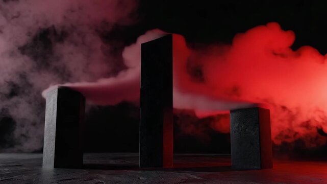 Red vapor folds twisting around matte-black monolith shapes