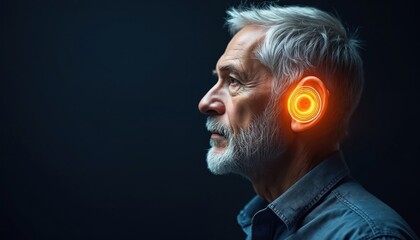 Elderly man ear glows with sound waves. Modern hearing tech helps old people hear better. Medical device improves audio clarity and quality of life.