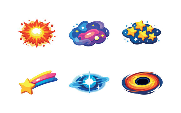 Cosmic Icon Grid. Stars and Space. Isometric flat vector icons set of stars and space: supernova explosion, nebula cloud, star cluster, shooting star, pulsar