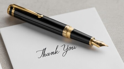 Close-up of a sophisticated black and gold fountain pen resting on a crisp white card with elegant cursive "Thank You" script