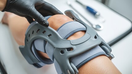 Knee pain surgery options concepts. Knee brace being fitted on a patient's leg during a medical examination.