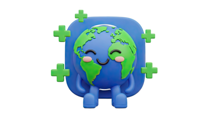 3D Cute cartoon Earth character with green plus signs on transparent background