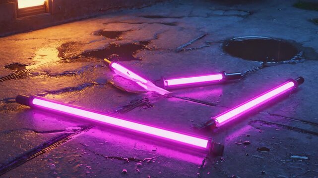 Shattered neon tube flickering on wet pavement, cinematic urban realism 