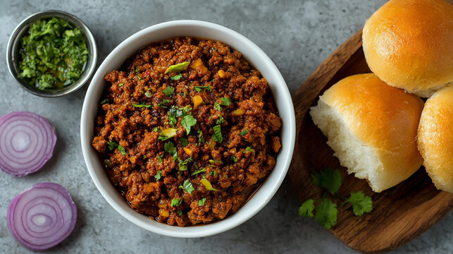 Delicious and spicy indian street food pav bhaji served with buns, onion, and green chutney