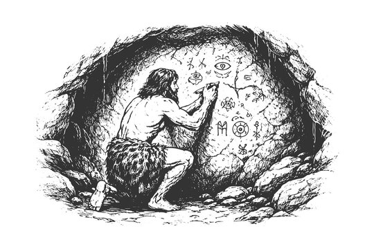 Prehistoric cave man painting symbols on wall, black and white line art vector illustration of early human creativity