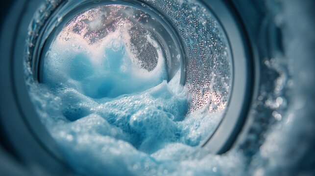 Close-up of a washing machine drum filled with swirling, frothy blue water and detergent, illustrating a cleaning cycle