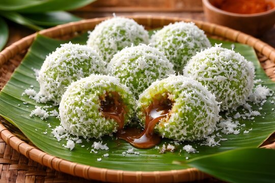 Traditional klepon snacks covered in grated coconut served on a woven plate