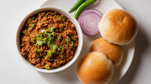 Delicious and spicy indian dish bhurji or anda bhurji served with pav, onion and chilli isolated on white background