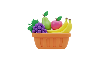 3D Fruit basket 3d render icon set on transparent background