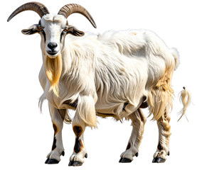 A majestic white goat with long curved horns stands proudly against a white background showcasing its shaggy coat and distinctive markings.