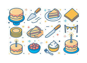 Festive Cake Serving Icons. Serving a festive cake. Colorful isometric vector icons set of Serving a festive cake: whole frosted cake on stand, cake server