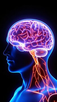 Conceptual glowing neon human brain with veins pulsating, animated 3D rendering for medical, scientific, and technological presentations.