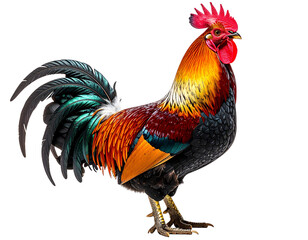A vibrant rooster with colorful plumage stands proudly against a white background.