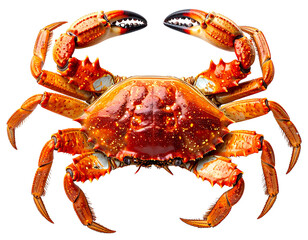 Close-up of a whole cooked crab with claws raised on a white background.