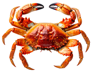 Close-up of a whole cooked crab with claws raised on a white background.