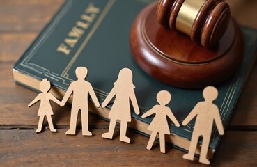 Paper family figures stand on an open law book with gavel on top. Court symbol for family protection, child custody, divorce law, and adoption rights.