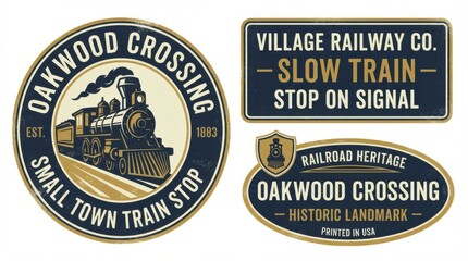 Fototapeta premium refined small town train crossing details label and badge set suitable for print-on-demand products and merch isolated on white background