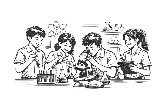 Black and white line art vector illustration of children doing science experiments together, educational teamwork concept in hand drawn sketch style