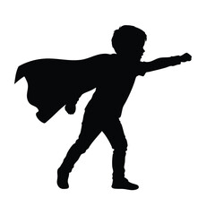 A black silhouette of a cute cartoon child wearing a cape and flying in a dynamic pose against a clean white background.