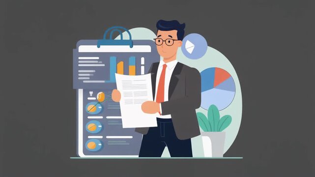 Business character holding financial report footage