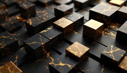 Black and gold marble cubes form an abstract geometric pattern. Some cubes are gold colored, others black with gold veining. The textured surface is arranged in a grid. Modern design.