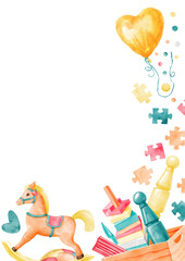 Obraz premium Vertical frame in cartoon style for children's birthday invitation. Rocking horse, balloon, puzzles, pyramid, skittles. Hand-painted watercolor illustration for a greeting card on a white background