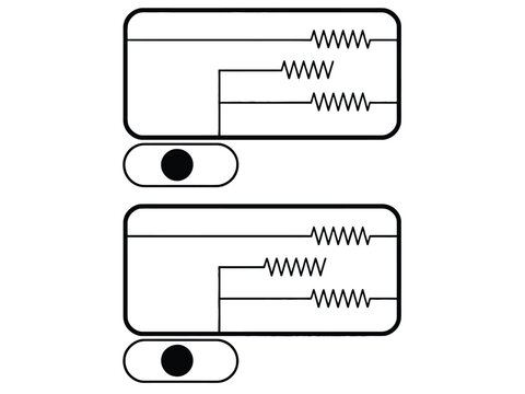 Two electrical diagrams show parallel resistor circuits with a switch.