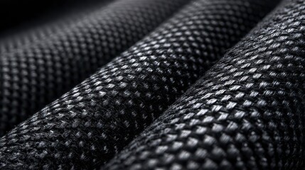 Close-up of layered, textured dark fabric with a woven pattern. Light and shadow create depth and dimension. Focus on detail