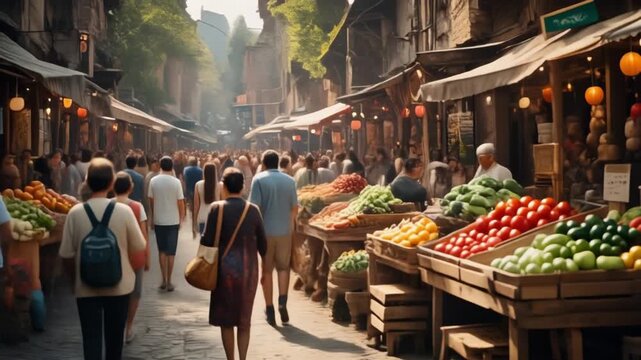 crowd of people at open market, buyers interacting with sellers, rustic wooden stalls full footage