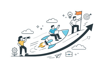 Startup Rocket Growth. Startup growth journey. A small rocket-shaped graph lifting upward with characters guiding it. Sense of momentum and ambition, soft