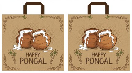 Charming shopping bag print template showcasing two rustic clay pots with spilling milk.