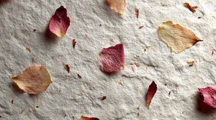 Scattered rose petals on a textured surface create a delicate and romantic pattern