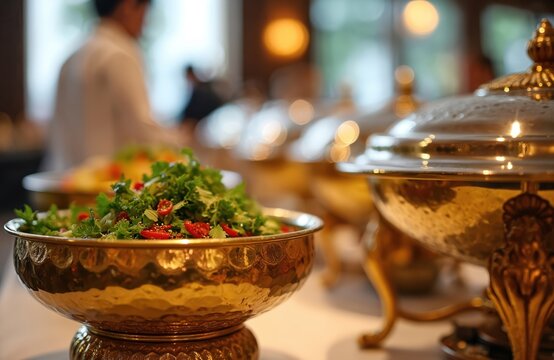 Golden chafing dishes hold fresh salad and other foods for a buffet. People attend a fancy event with catered meals. Guests choose dishes from a selection during a celebration.