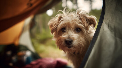 A cute terrier dog peeks out of a tent while camping in the forest on vacation
