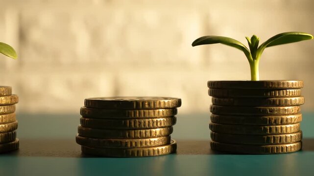 Plant sprouts from gold coin stack showing investment growth. Green seedling on coins displays financial prosperity. Coin stack with plant shows growth. Investment concept with green plant on gold coi