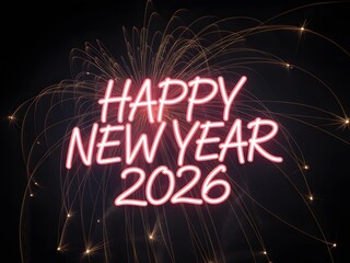Happy new year 2026 celebration with fireworks and glowing text