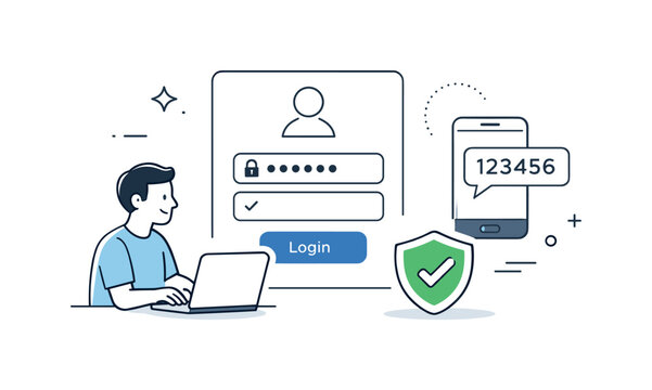 Secure Access Authentication. Secure authentication. User logging in with password and two-factor authentication icons, emphasizing safe access. Clean and