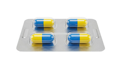 Four Blue and Yellow Capsules in Blister Pack on transparent background
