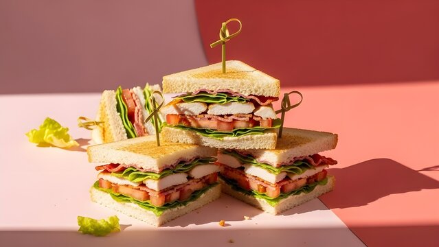 Delicious club sandwiches stacked high with fresh ingredients