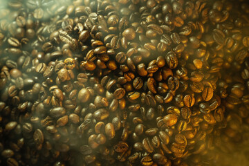 Roasted Coffee Beans with Steam and Haze Background