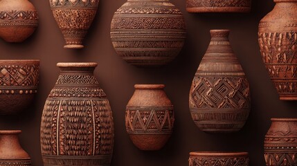 Close-up of various handcrafted brown pottery vessels with textured surfaces, scattered on a darker brown background, showcasing artistry