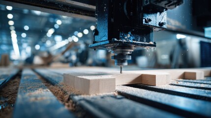 Medium shot of CNC machine performing precise angled wood cuts highlighting automated accuracy and smooth mechanical motion in a modern workshop environment.