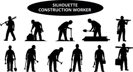Black silhouette construction worker set with builders using tools shovels hammers and carrying equipment for industrial site development vector illustration © MD Anas