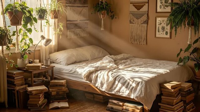 Bohemian Bedroom Interior with Piles of Books and Hanging Plants in Golden Sunlight