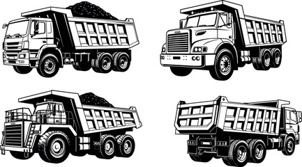 Collection of heavy duty dump truck vector illustrations showing various angles of construction tipper lorries for industrial transport and hauling © MD Anas