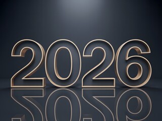 Shiny gold 2026 numbers with reflection on dark background