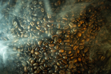 Roasted Coffee Beans with Steam and Haze Background