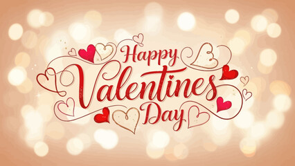 Happy Valentines Day text with romantic hearts and bokeh background.