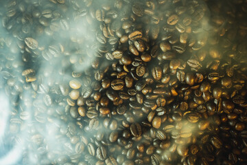 Roasted Coffee Beans with Steam and Haze Background