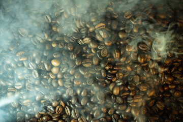 Roasted Coffee Beans with Steam and Haze Background